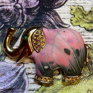 SPOONTIQUES metal PIN ART Crystal Elephant Brooch pink  gold tone